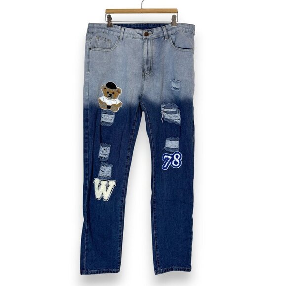 Funky Retro Jeans Distressed Bear Varsity Patches Streetwear Hip Hop Y2K 36 - Picture 2 of 9